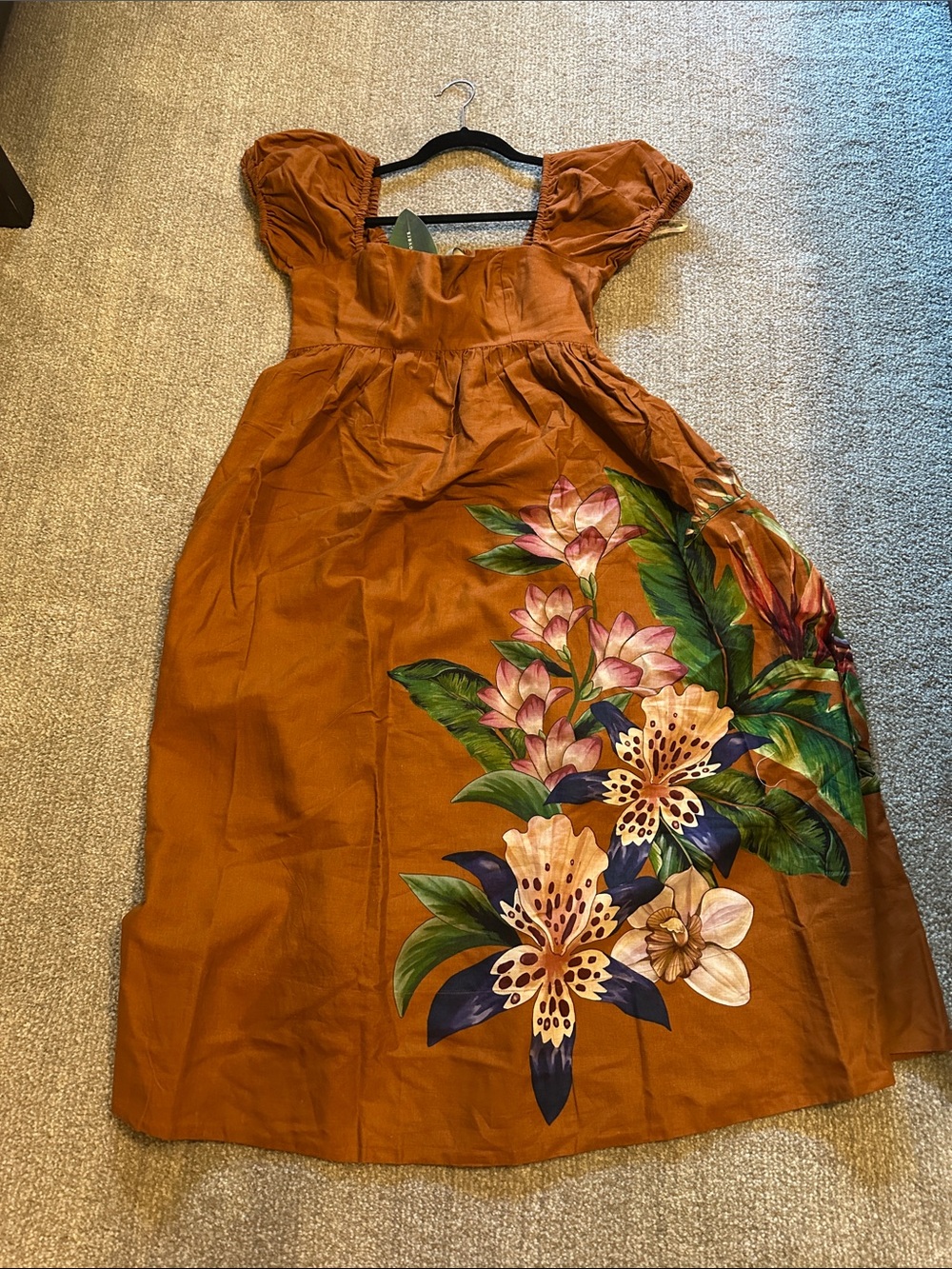 FARM Rio Rust Orange Tropical Floral Puff-Sleeve Dress